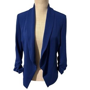 Royal Blue Blazer with Shawl Collar and Ruched Sleeves